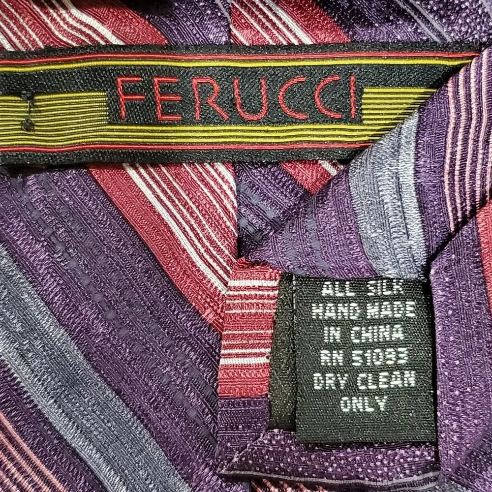 Ferucci Mens Silk Necktie Purple Blue Burgundy Striped Hand Made‎ Classic Tie